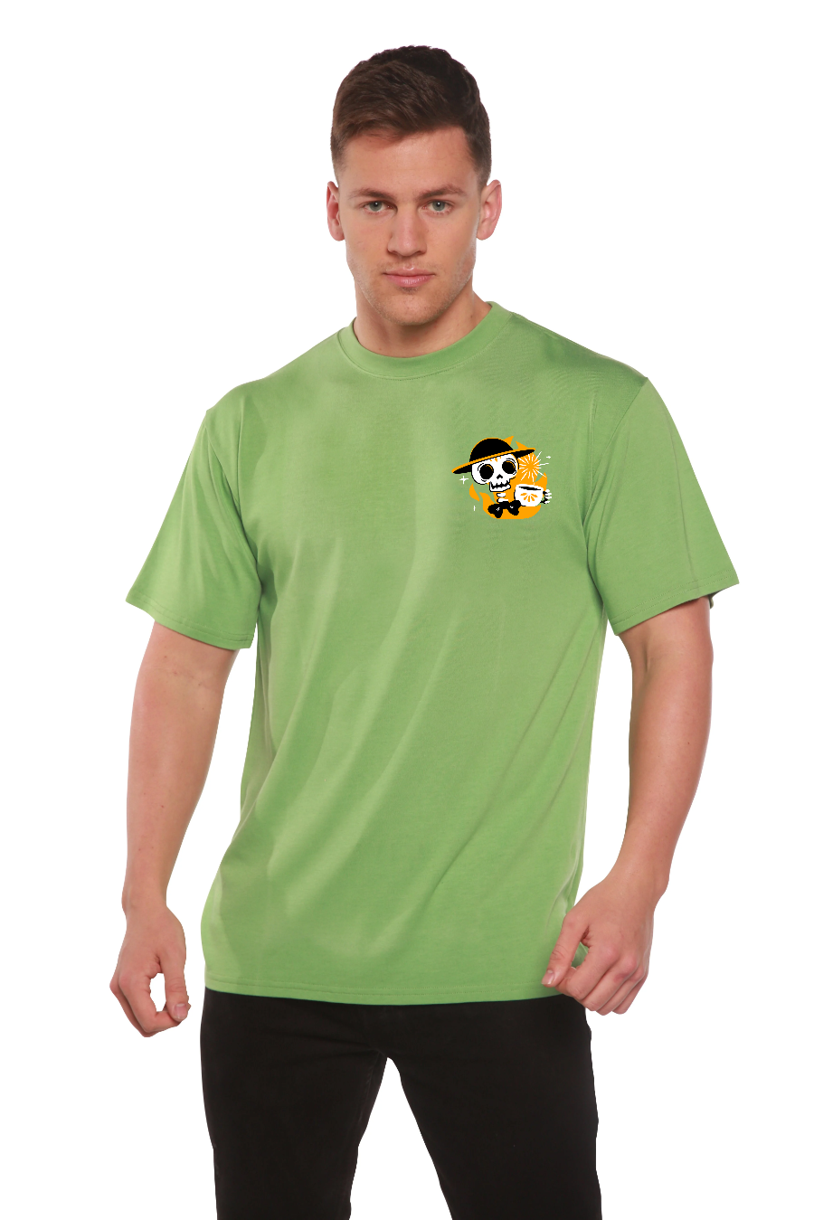 Camiseta de Manga Corta Estampada de Viscosa de Bambú/Algodón Orgánico con Calavera y Café
