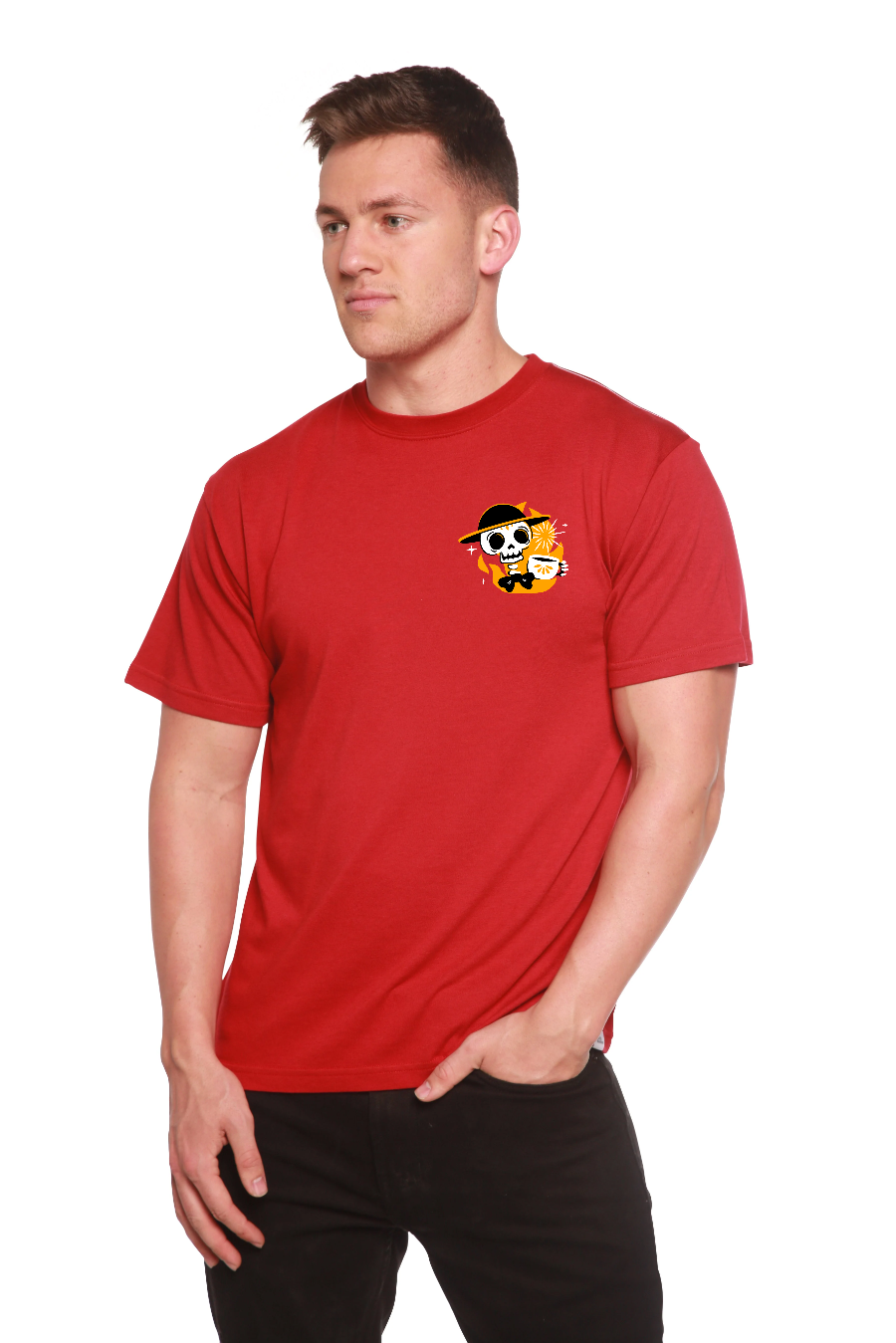 Camiseta de Manga Corta Estampada de Viscosa de Bambú/Algodón Orgánico con Calavera y Café