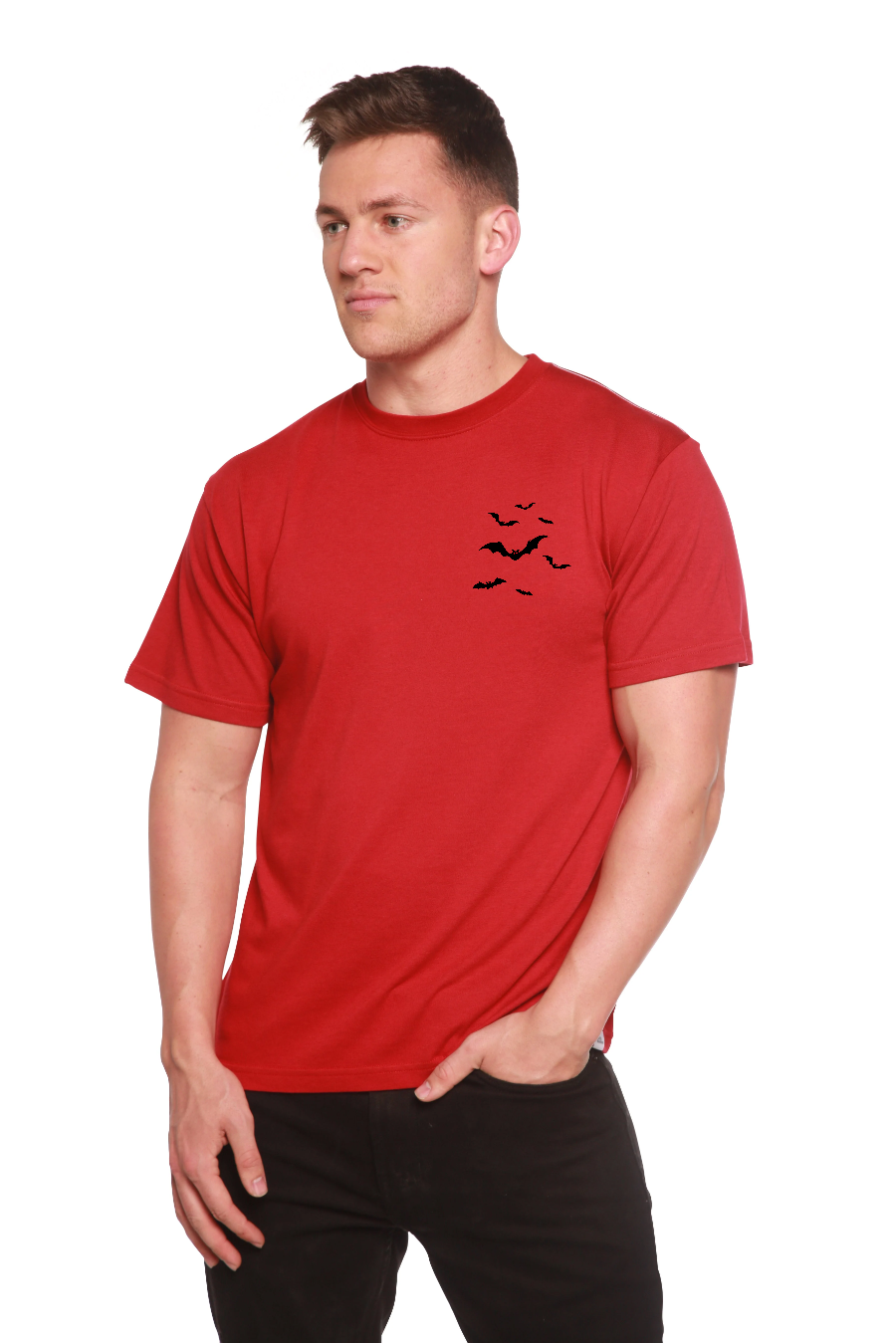 Camiseta de manga corta de viscosa de bambú/algodón orgánico con estampado de murciélagos de Halloween