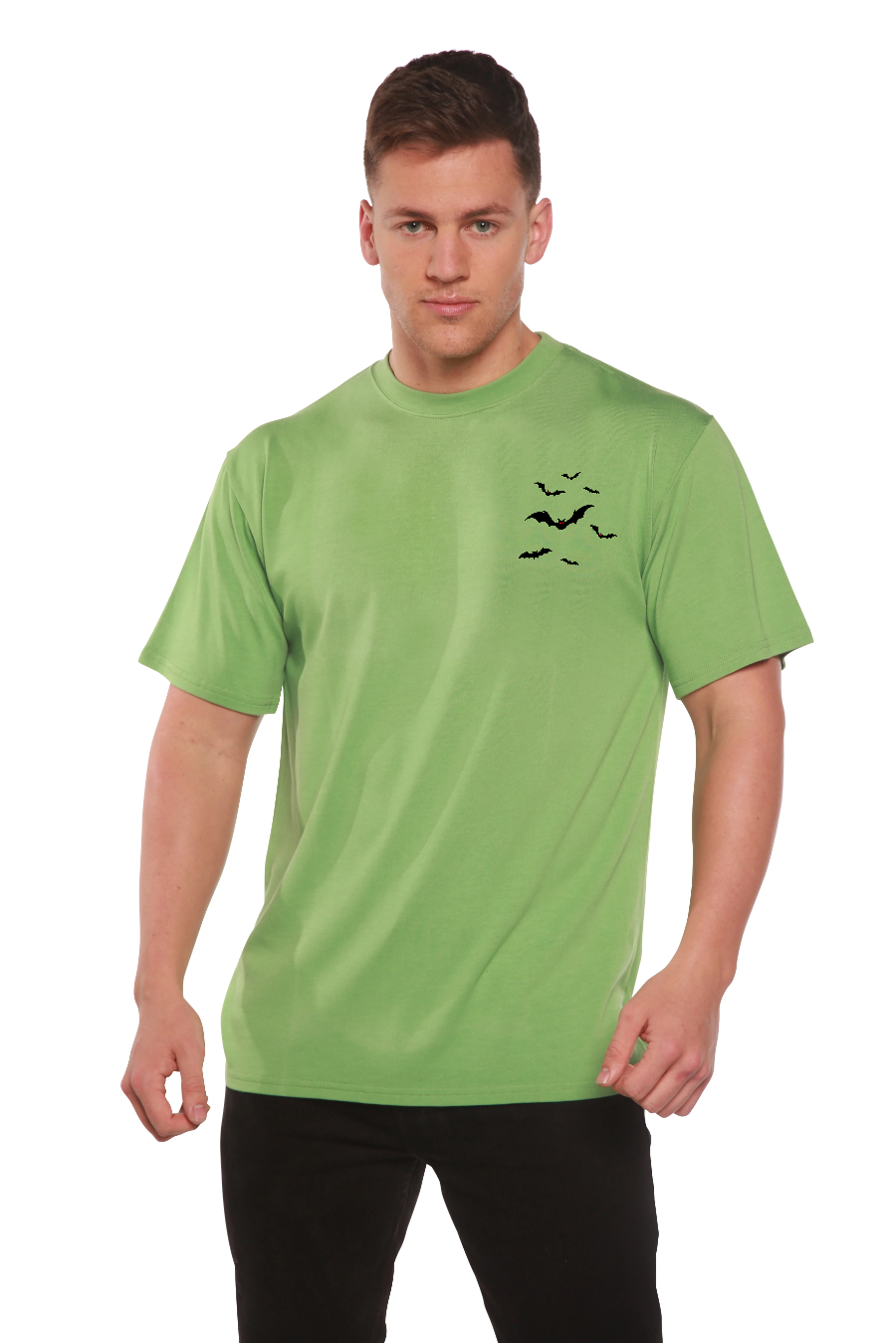 Camiseta de manga corta de viscosa de bambú/algodón orgánico con estampado de murciélagos de Halloween