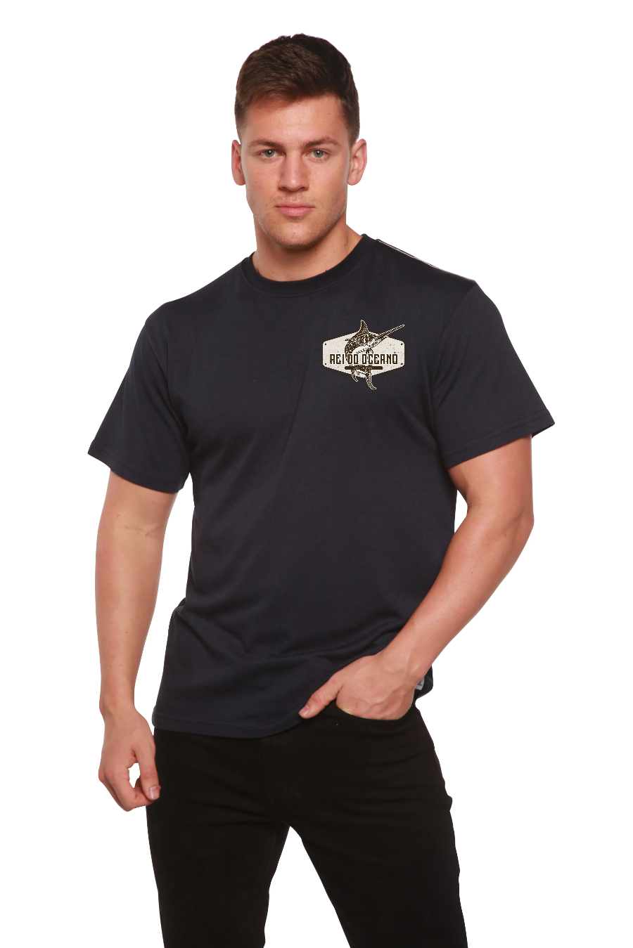 Camiseta gráfica de manga corta de bambú para hombre Rei do Oceano