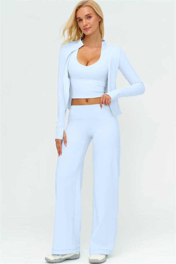 El conjunto de 3 piezas de chaqueta Twirl con cremallera, top halter y pantalones rectos nuevos