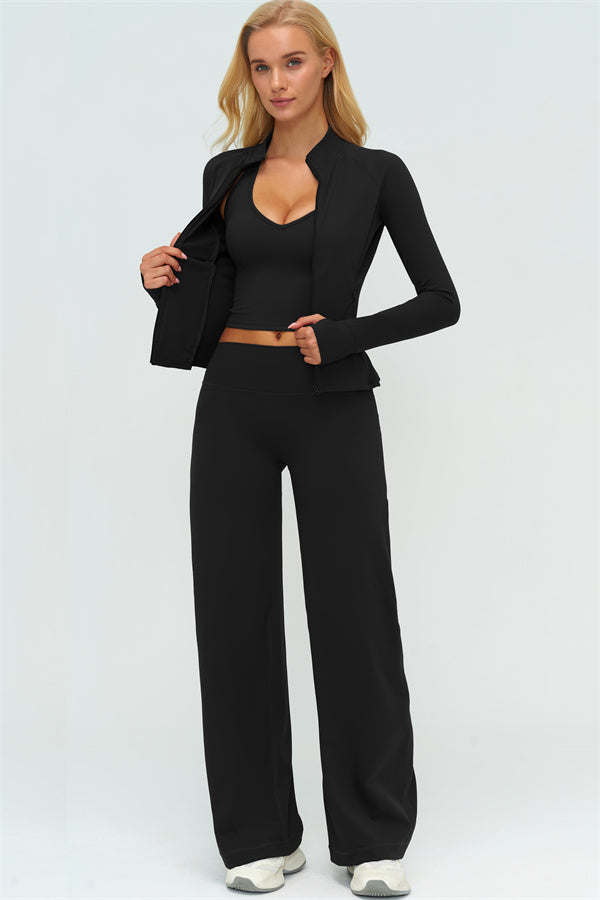 El conjunto de 3 piezas de chaqueta Twirl con cremallera, top halter y pantalones rectos nuevos