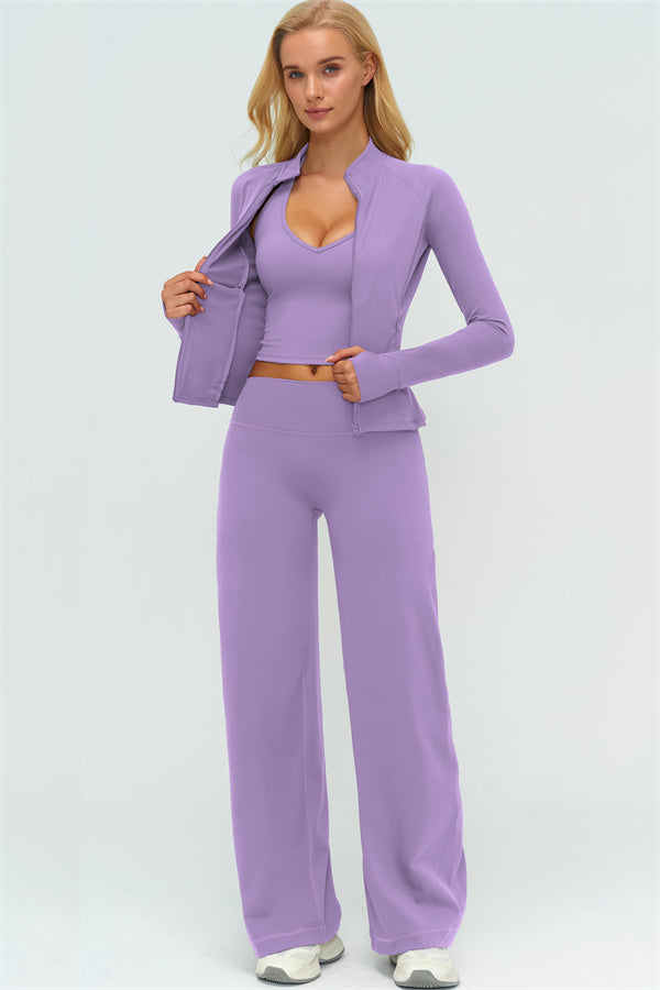 El conjunto de 3 piezas de chaqueta Twirl con cremallera, top halter y pantalones rectos nuevos