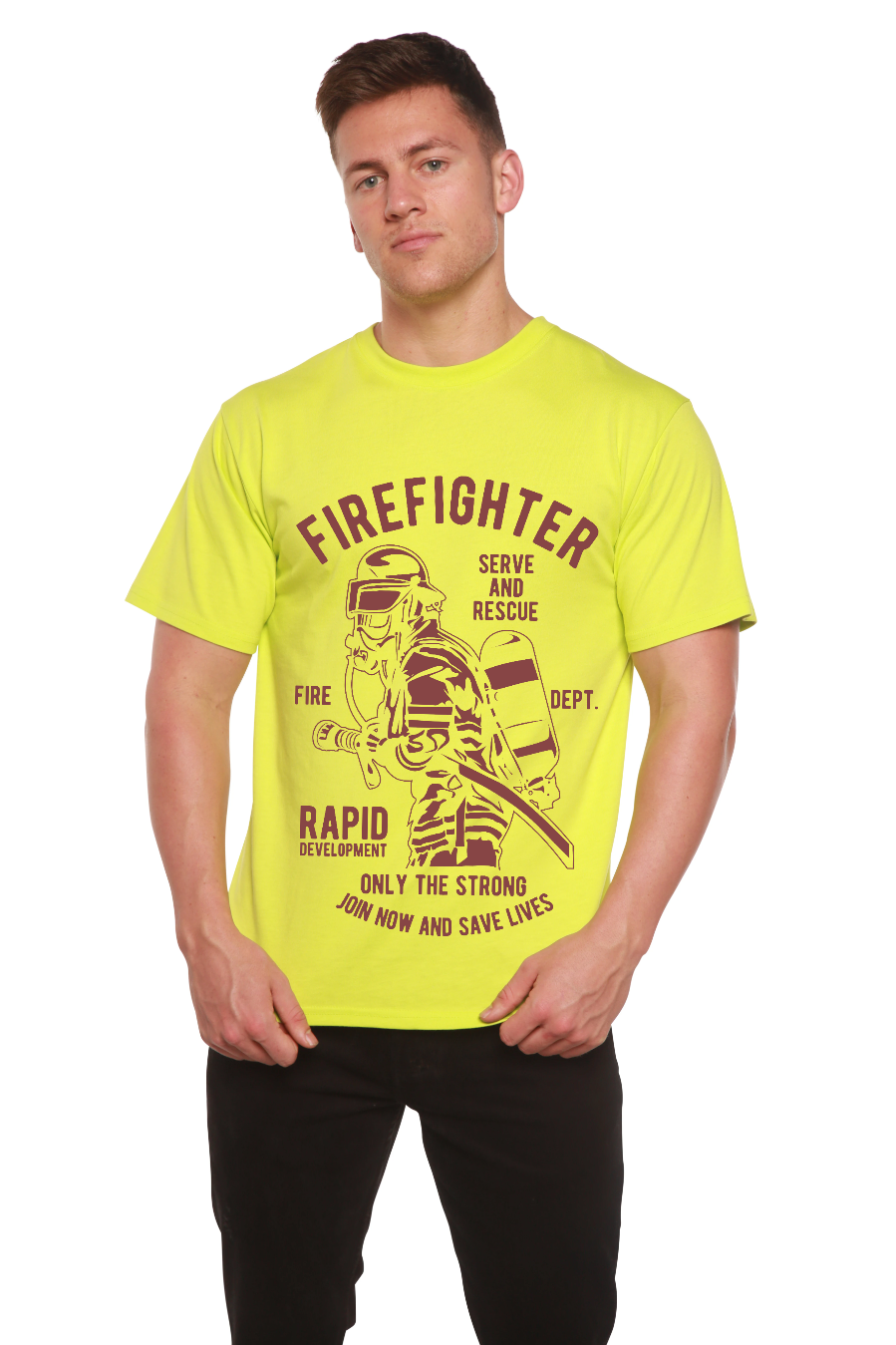 Camiseta gráfica de manga corta de viscosa de bambú/algodón orgánico de Departamento de Bomberos para hombre