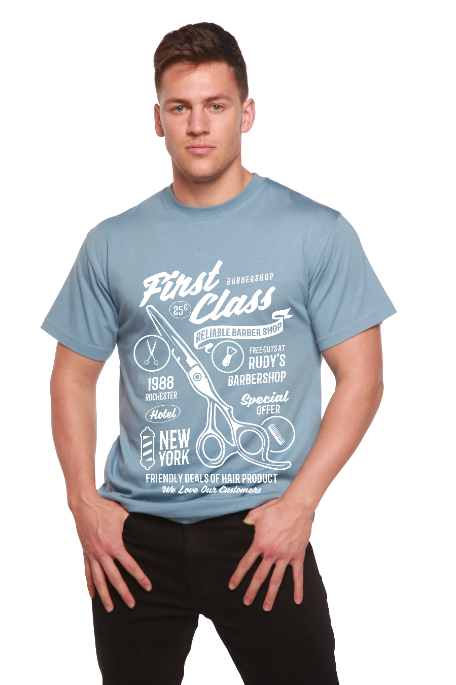 Camiseta Gráfica de Manga Corta de Viscosa de Bambú/Algodón Orgánico "First Class Barber" para Hombre