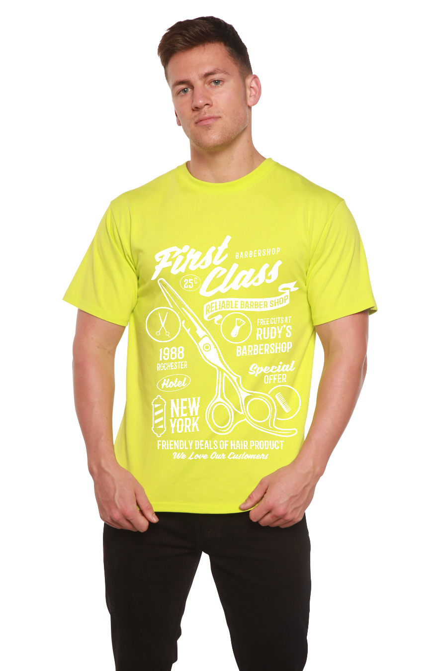 Camiseta Gráfica de Manga Corta de Viscosa de Bambú/Algodón Orgánico "First Class Barber" para Hombre