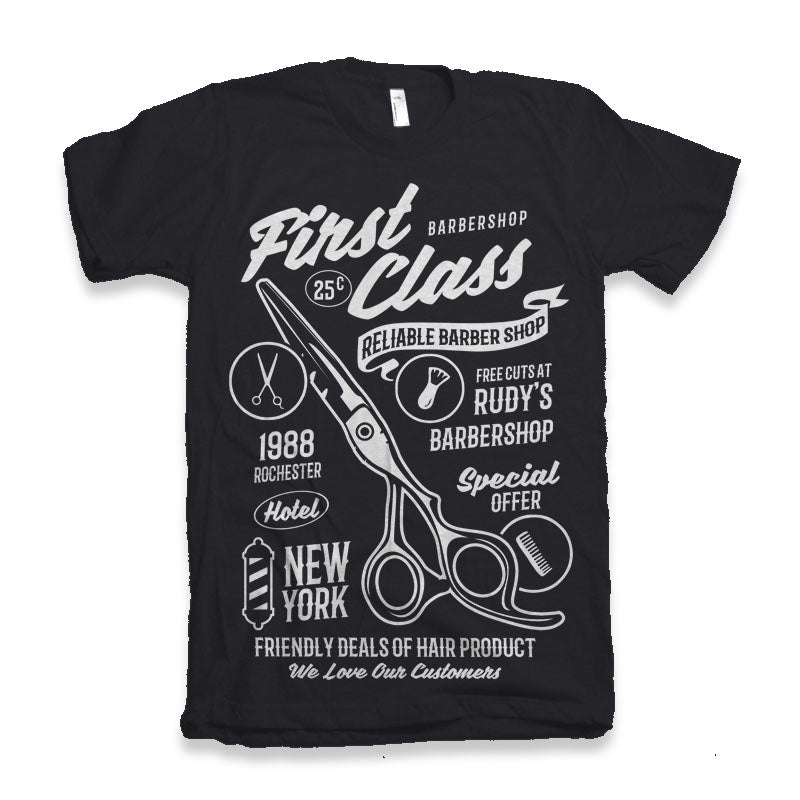 Camiseta Gráfica de Manga Corta de Viscosa de Bambú/Algodón Orgánico "First Class Barber" para Hombre