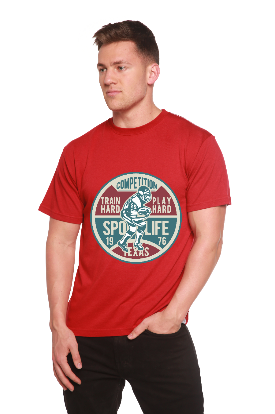 Camiseta gráfica de manga corta de viscosa de bambú/algodón orgánico para hombre del concurso de fútbol