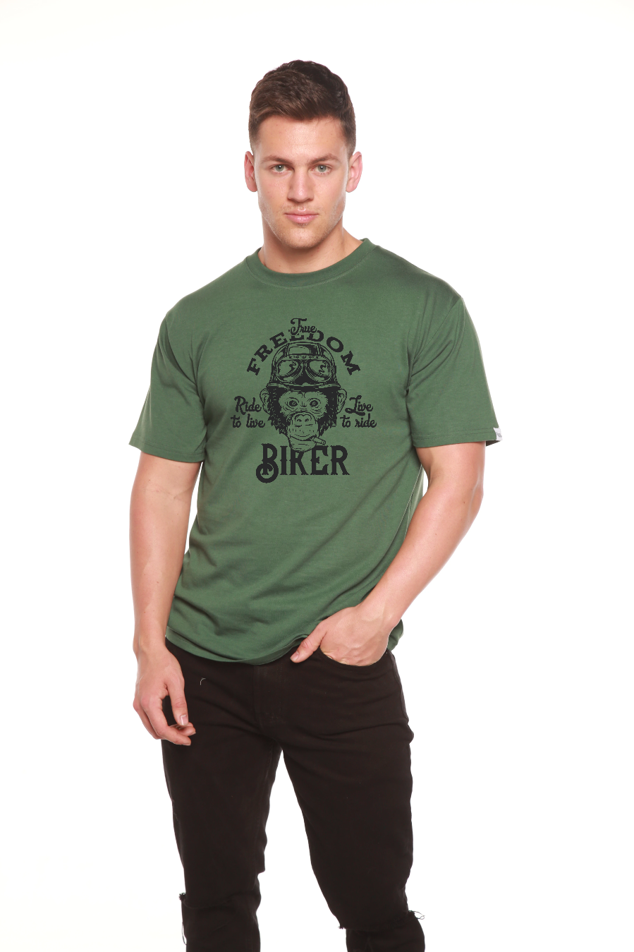 Camiseta gráfica de manga corta de bambú/algodón orgánico "Freedom Biker" para hombre