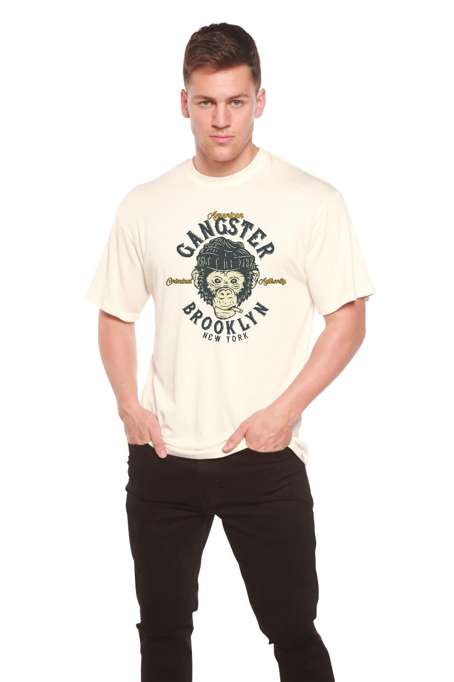 Camiseta de manga corta con estampado gráfico de viscosa de bambú y algodón orgánico para hombre "Gangster Brooklyn"