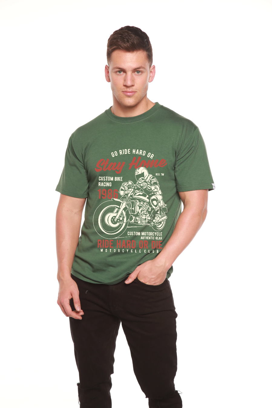 Camiseta gráfica de manga corta de bambú/algodón orgánico "Go Ride Hard" para hombre