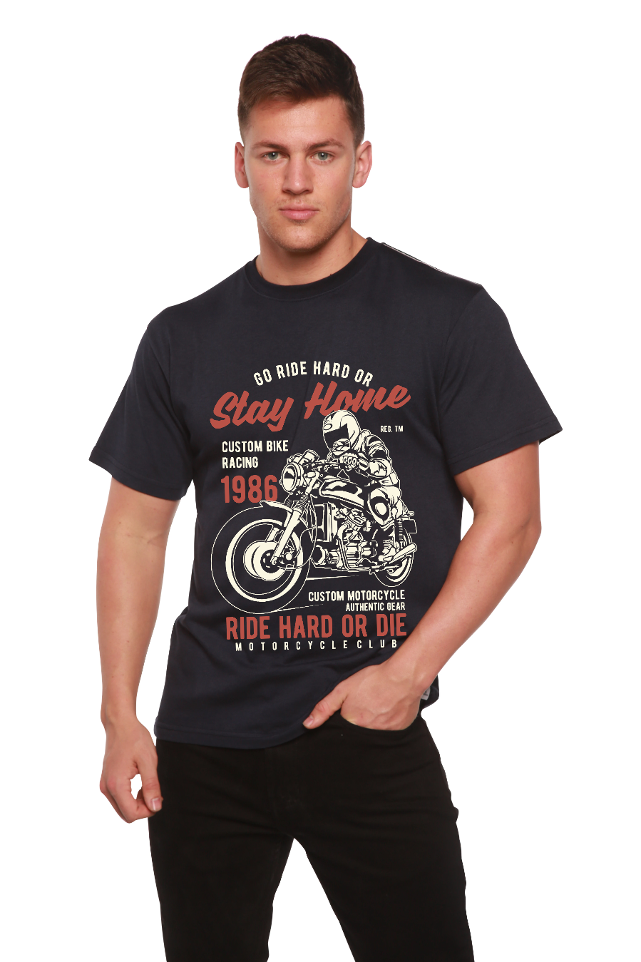 Camiseta gráfica de manga corta de bambú/algodón orgánico "Go Ride Hard" para hombre