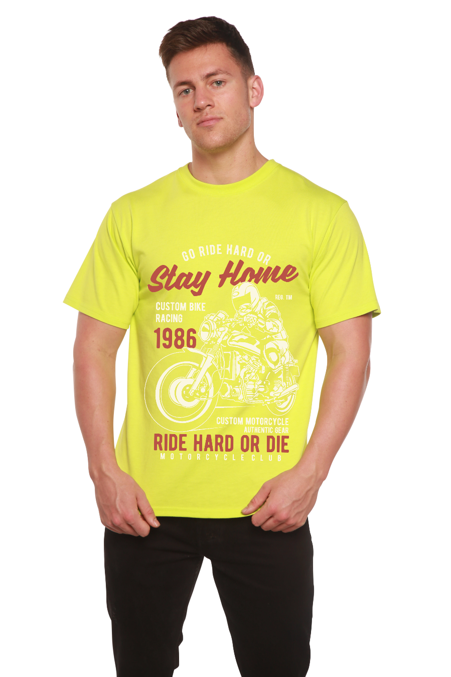 Camiseta gráfica de manga corta de bambú/algodón orgánico "Go Ride Hard" para hombre