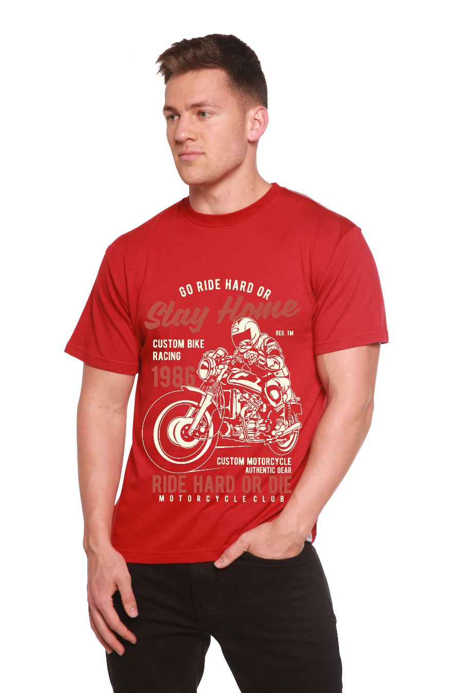 Camiseta gráfica de manga corta de bambú/algodón orgánico "Go Ride Hard" para hombre