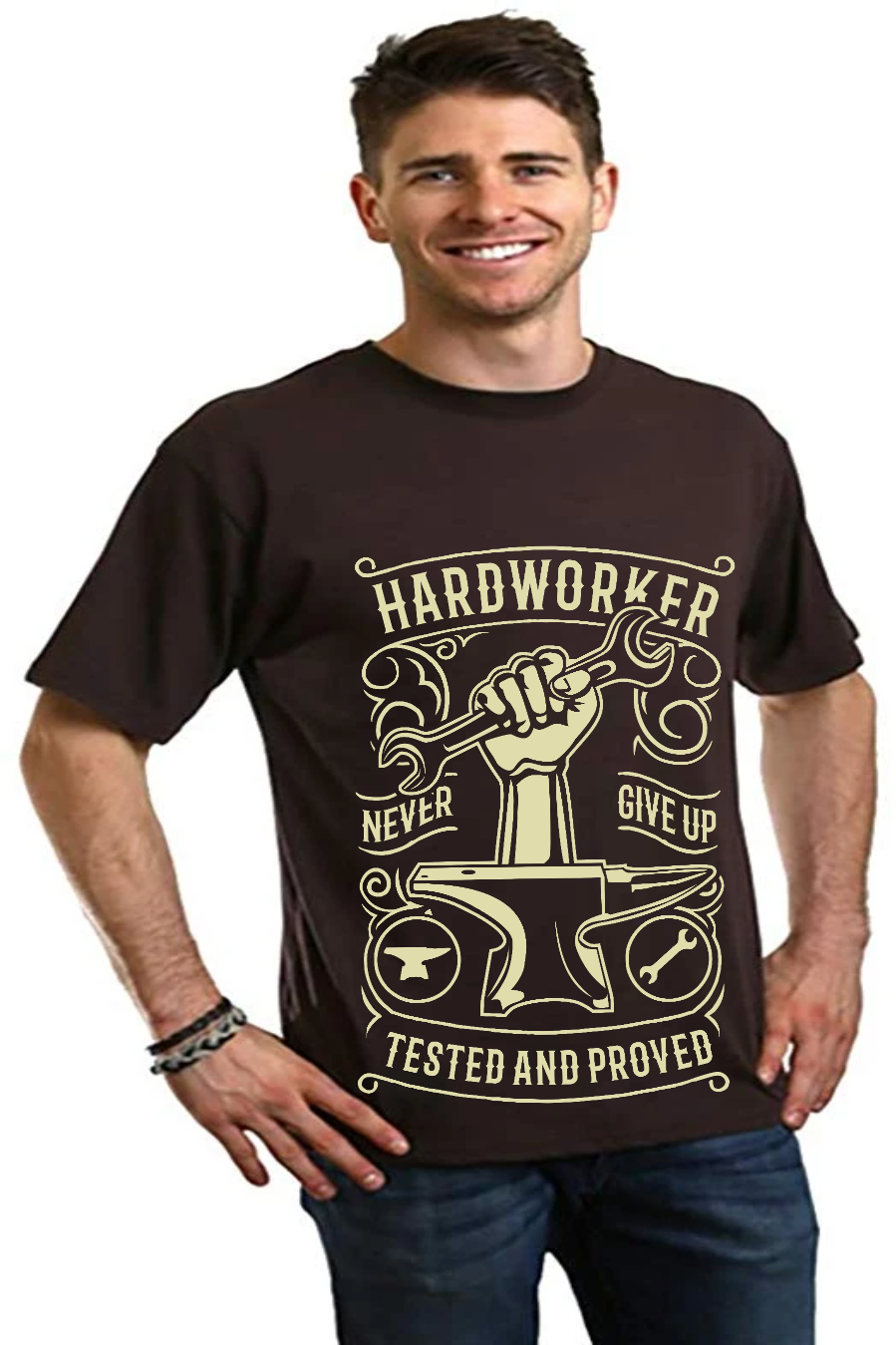 Camiseta gráfica de manga corta para hombre de viscosa de bambú y algodón orgánico "Hard Worker"