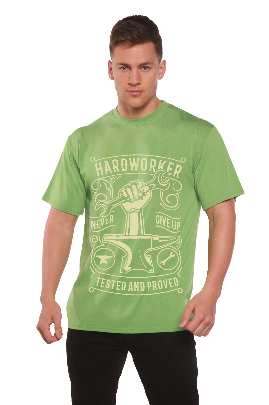 Camiseta gráfica de manga corta para hombre de viscosa de bambú y algodón orgánico "Hard Worker"