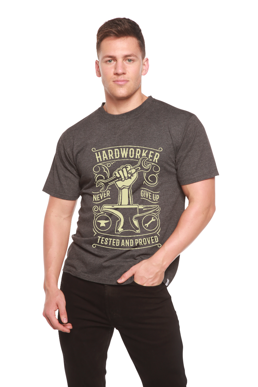 Camiseta gráfica de manga corta para hombre de viscosa de bambú y algodón orgánico "Hard Worker"