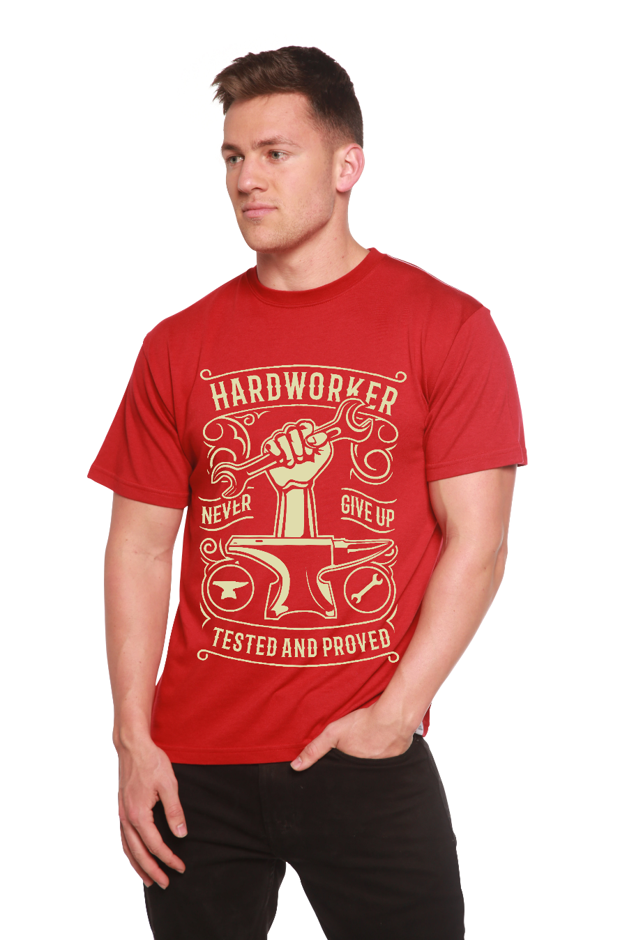 Camiseta gráfica de manga corta para hombre de viscosa de bambú y algodón orgánico "Hard Worker"