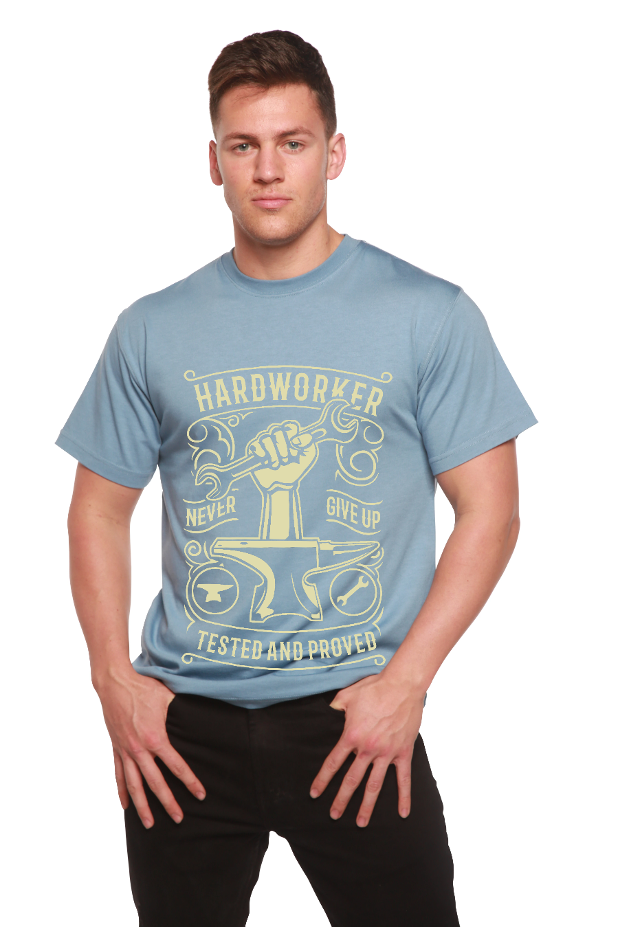 Camiseta gráfica de manga corta para hombre de viscosa de bambú y algodón orgánico "Hard Worker"