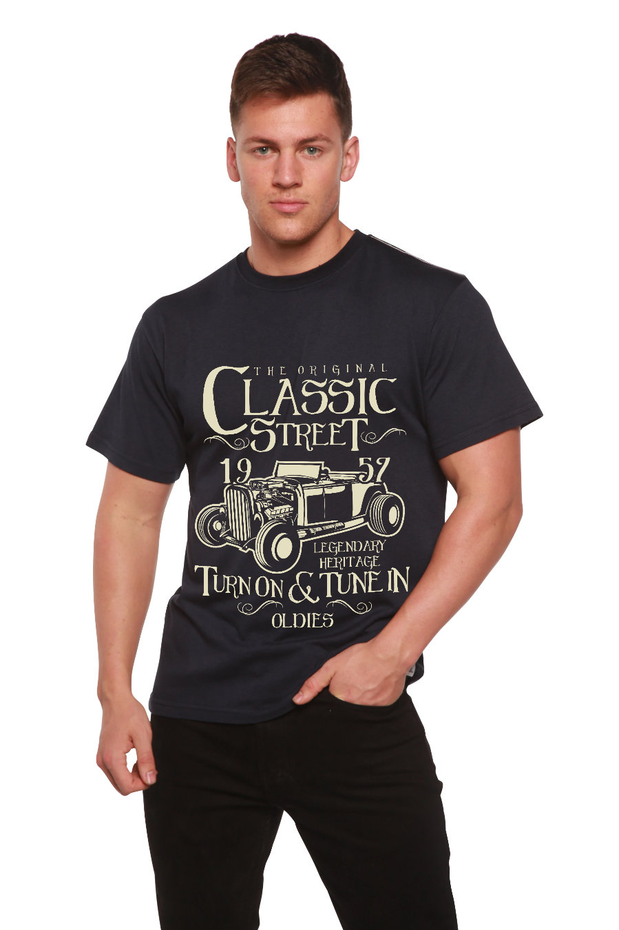 Camiseta Gráfica de Manga Corta para Hombre de Viscosa de Bambú/Algodón Orgánico Modelo Hot Rod Clásico