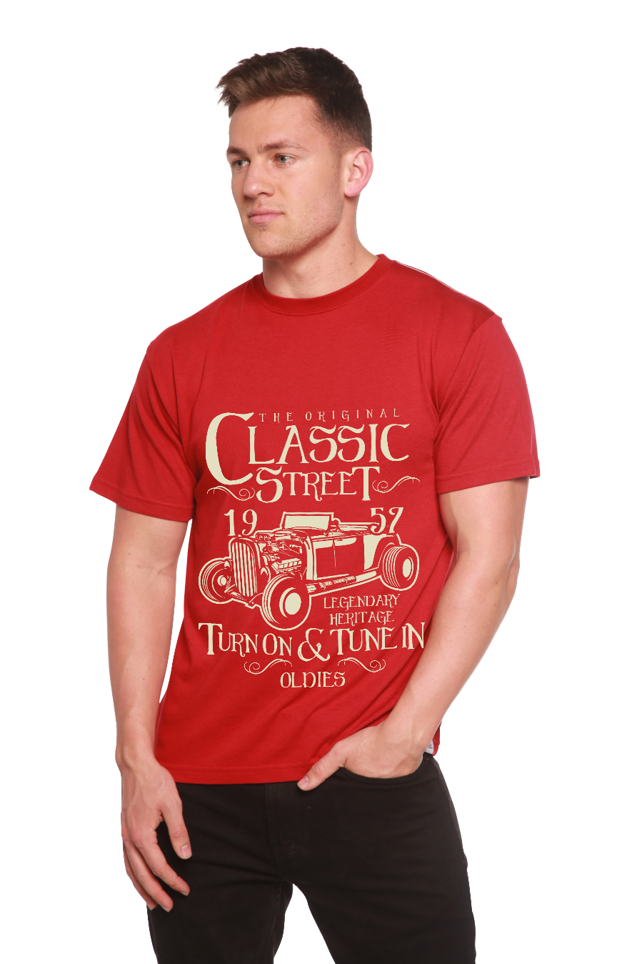 Camiseta Gráfica de Manga Corta para Hombre de Viscosa de Bambú/Algodón Orgánico Modelo Hot Rod Clásico