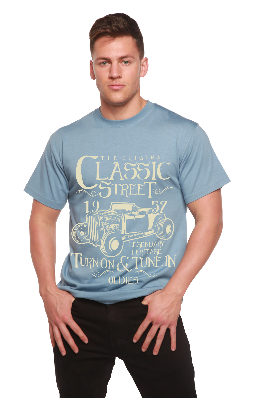 Camiseta Gráfica de Manga Corta para Hombre de Viscosa de Bambú/Algodón Orgánico Modelo Hot Rod Clásico
