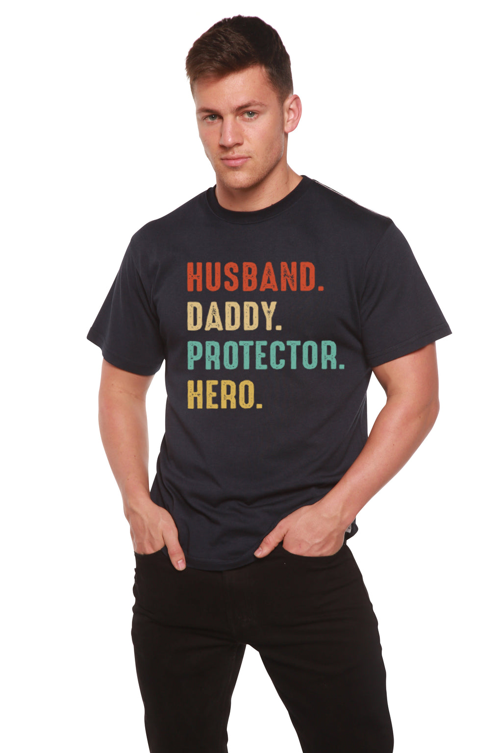 Esposo, Papá, Protector, Héroe Camiseta Gráfica de Manga Corta para Hombre de Viscosa de Bambú/Algodón Orgánico