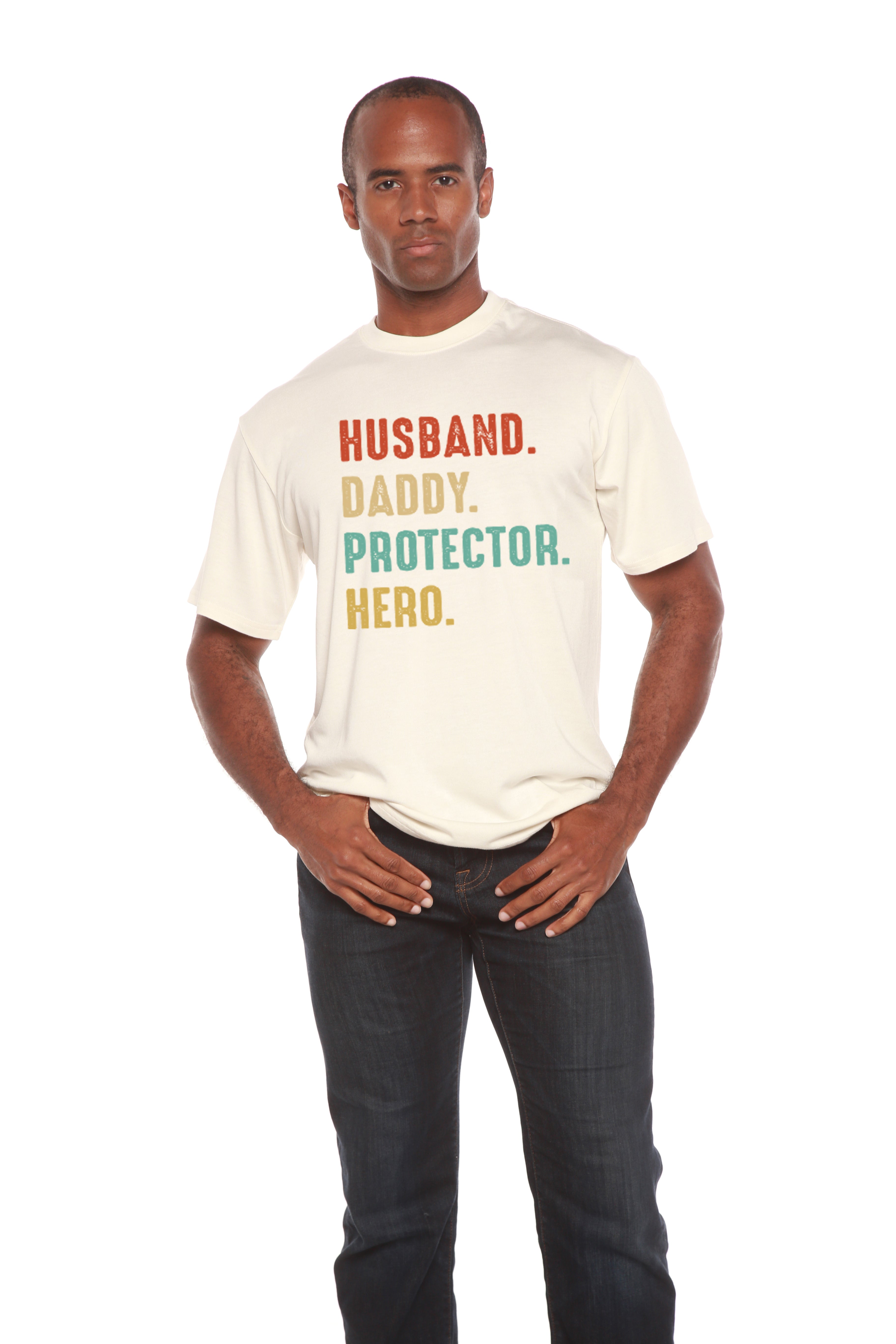 Esposo, Papá, Protector, Héroe Camiseta Gráfica de Manga Corta para Hombre de Viscosa de Bambú/Algodón Orgánico