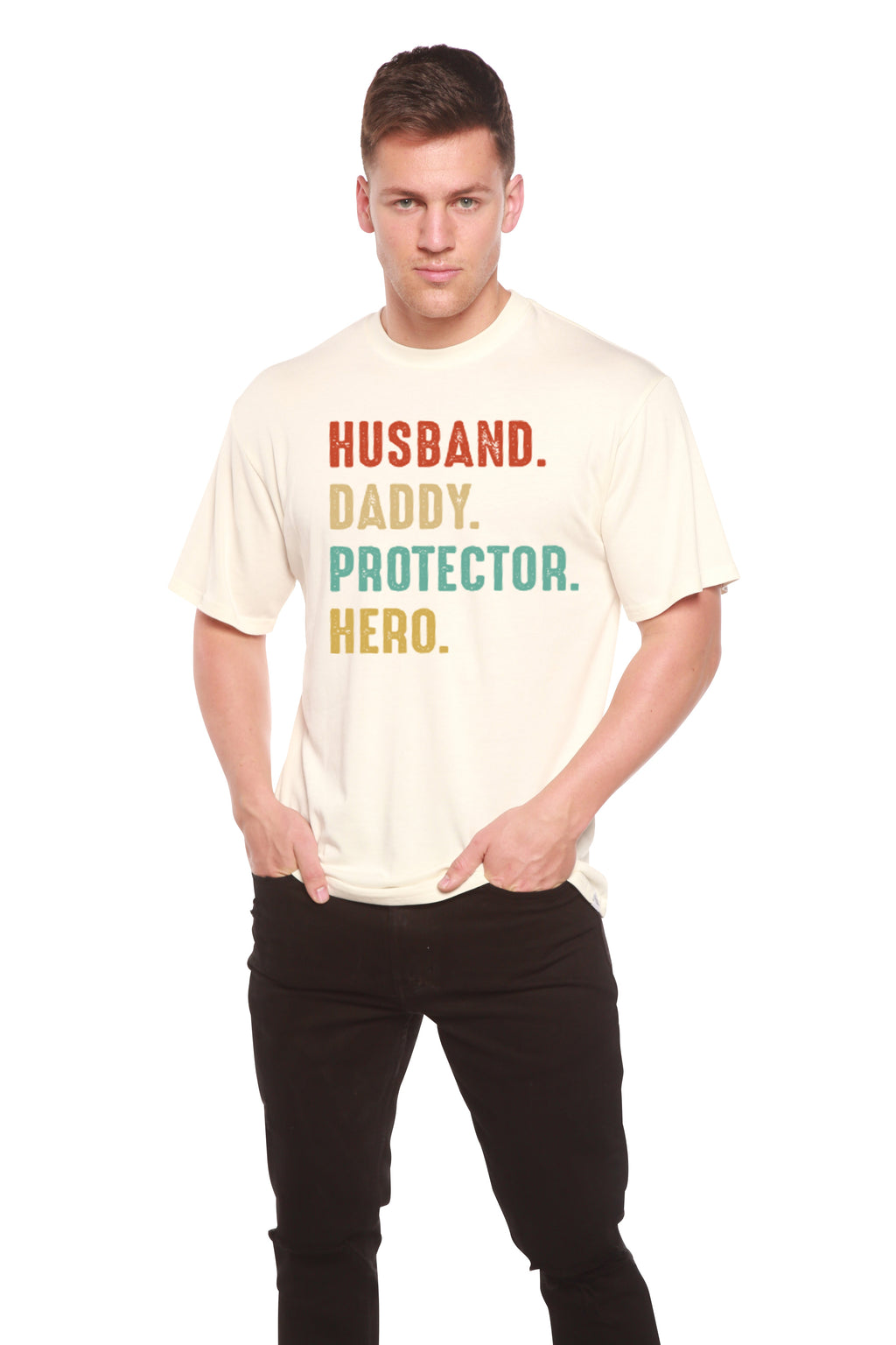 Esposo, Papá, Protector, Héroe Camiseta Gráfica de Manga Corta para Hombre de Viscosa de Bambú/Algodón Orgánico
