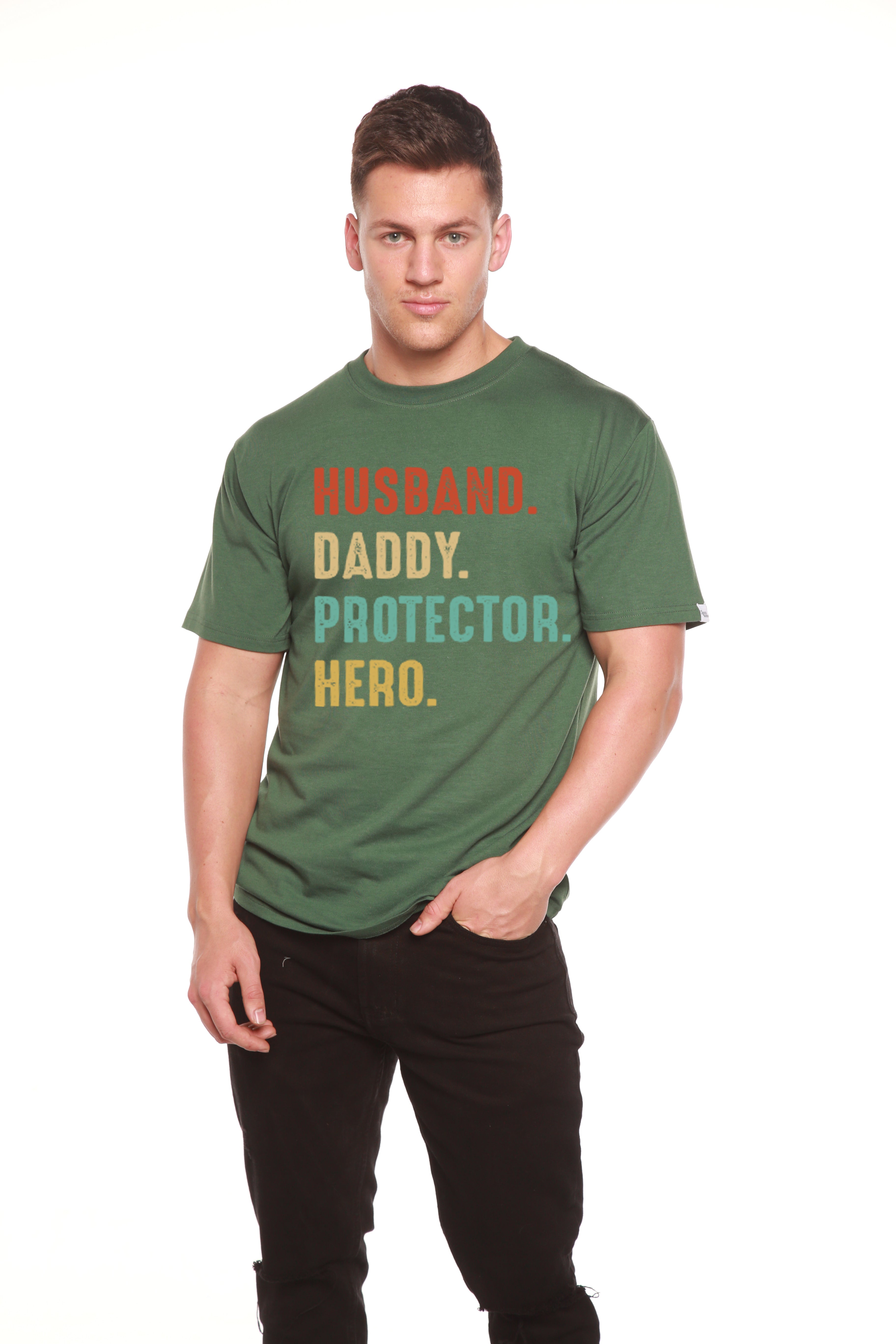Esposo, Papá, Protector, Héroe Camiseta Gráfica de Manga Corta para Hombre de Viscosa de Bambú/Algodón Orgánico
