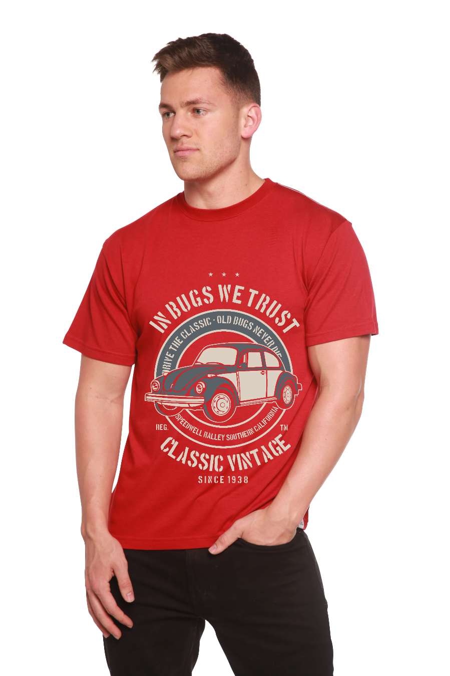 Camiseta gráfica de manga corta de viscosa de bambú/algodón orgánico "In Bugs We Men"