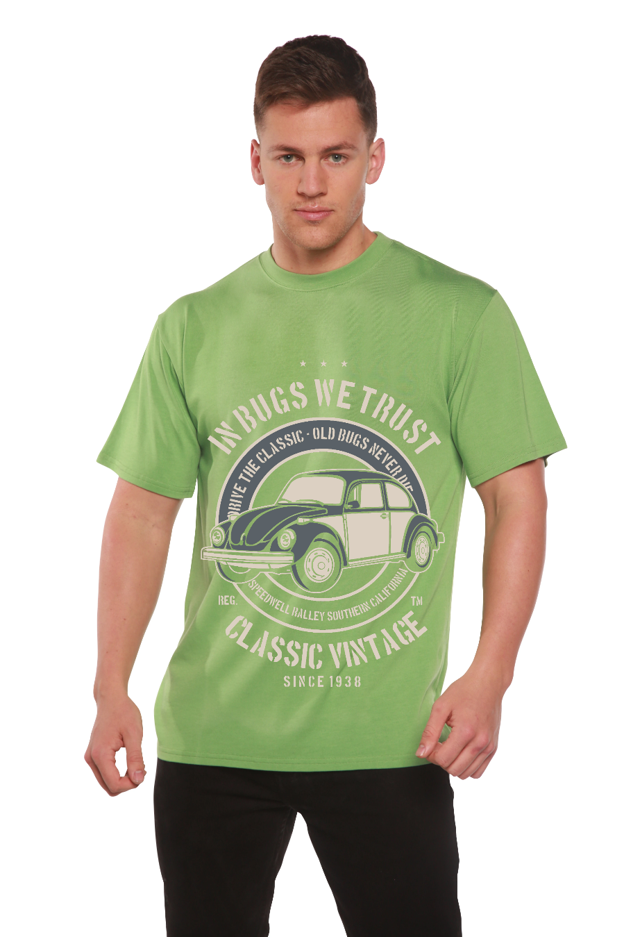 Camiseta gráfica de manga corta de viscosa de bambú/algodón orgánico "In Bugs We Men"