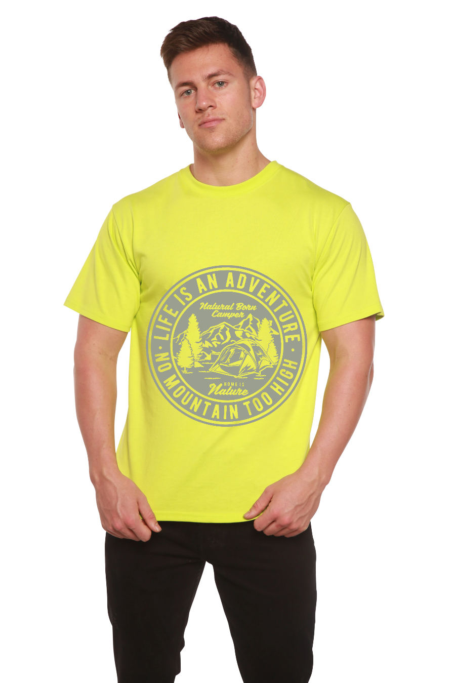 Camiseta gráfica de manga corta de viscosa de bambú/algodón orgánico para hombre "La vida es una aventura"