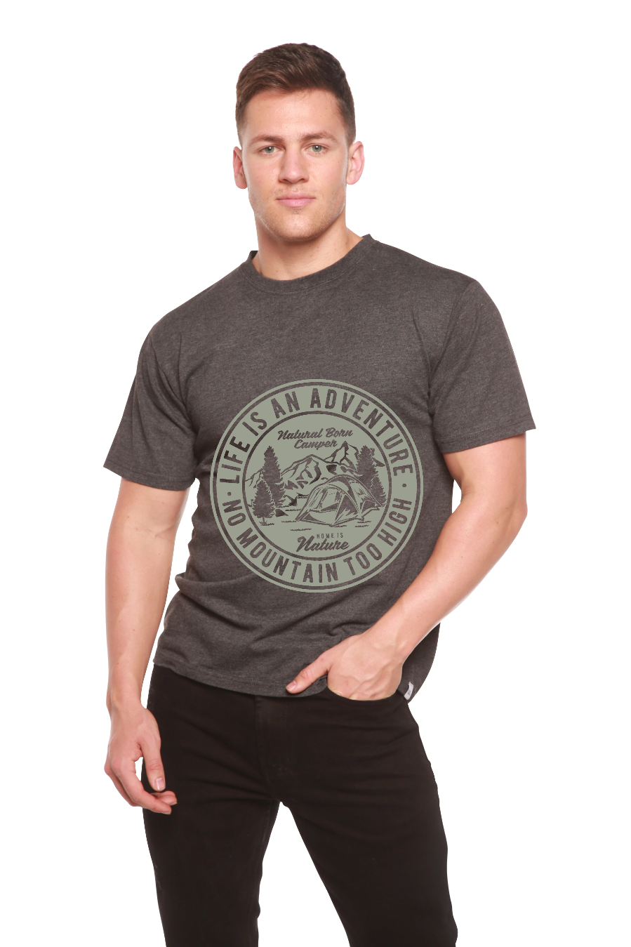 Camiseta gráfica de manga corta de viscosa de bambú/algodón orgánico para hombre "La vida es una aventura"