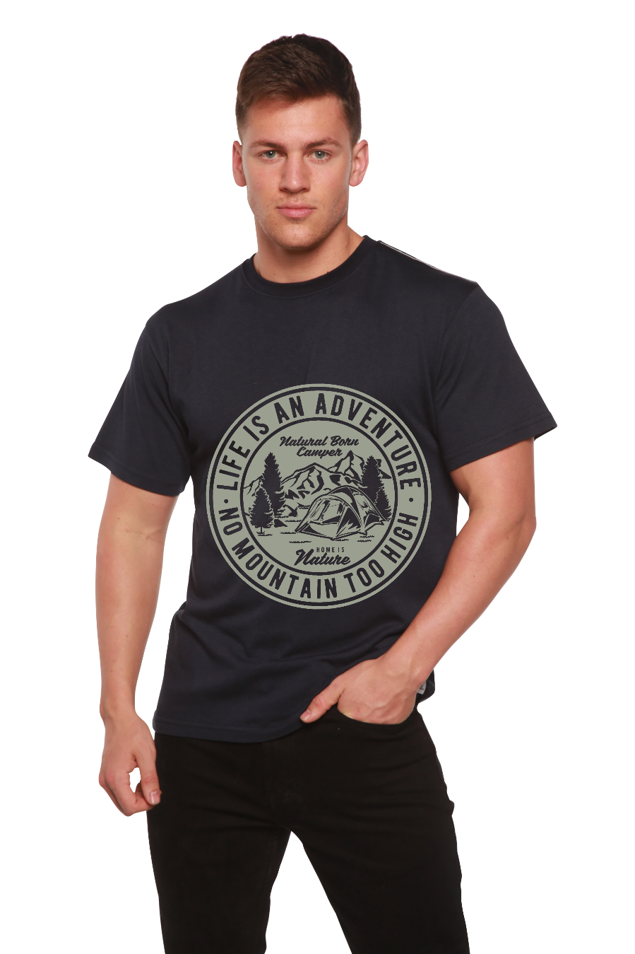 Camiseta gráfica de manga corta de viscosa de bambú/algodón orgánico para hombre "La vida es una aventura"