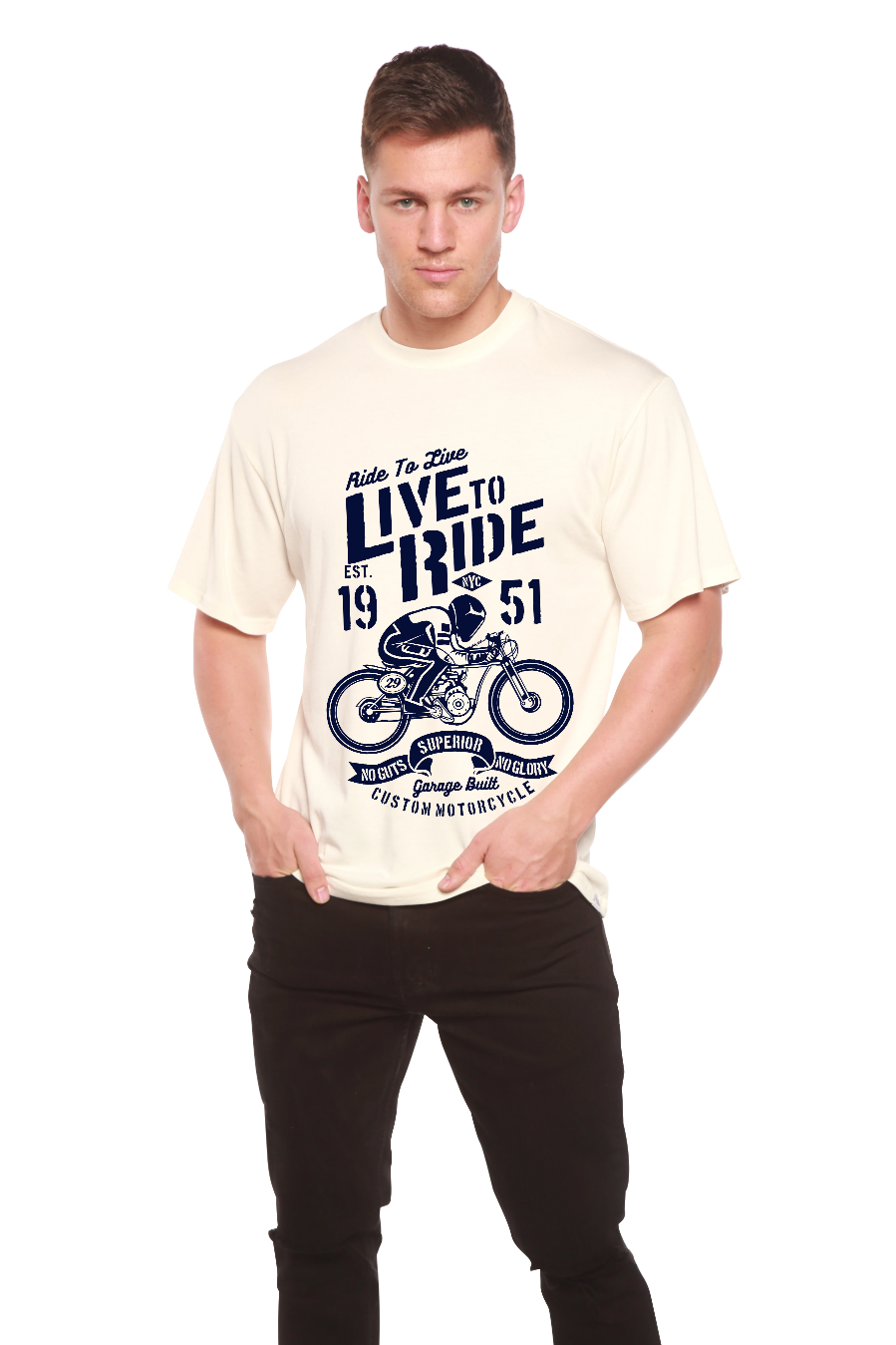 Camiseta gráfica de manga corta de viscosa de bambú y algodón orgánico para hombre "Live To Ride"