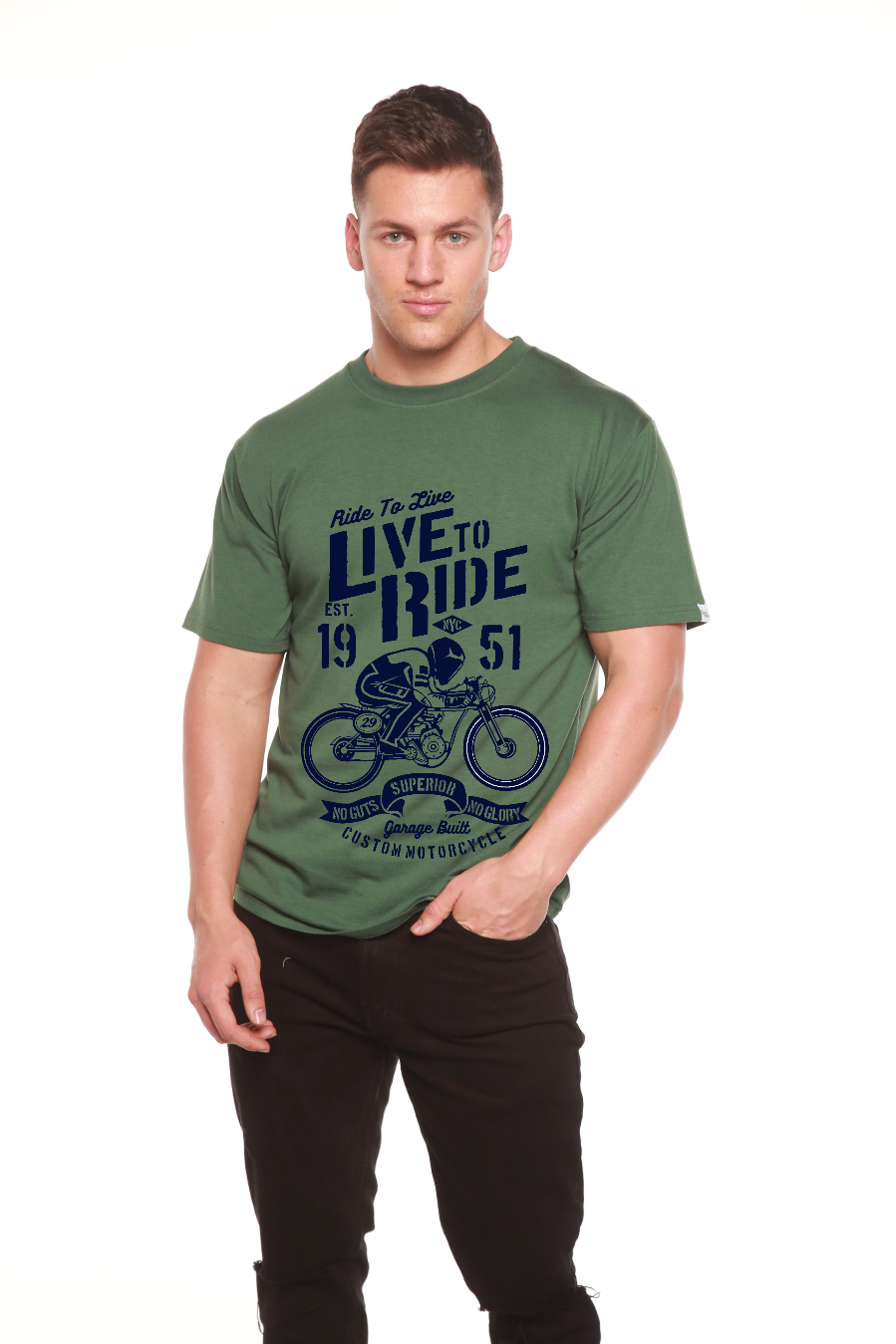 Camiseta gráfica de manga corta de viscosa de bambú y algodón orgánico para hombre "Live To Ride"