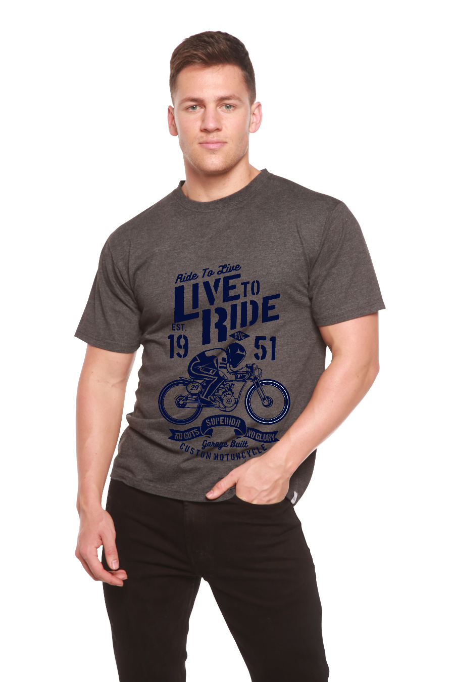 Camiseta gráfica de manga corta de viscosa de bambú y algodón orgánico para hombre "Live To Ride"