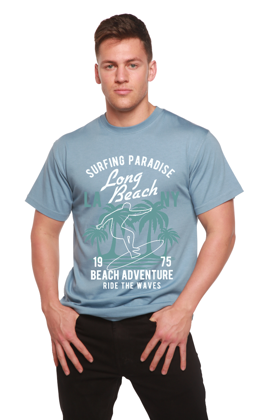 Camiseta gráfica de manga corta de viscosa de bambú y algodón orgánico para hombre Long Beach