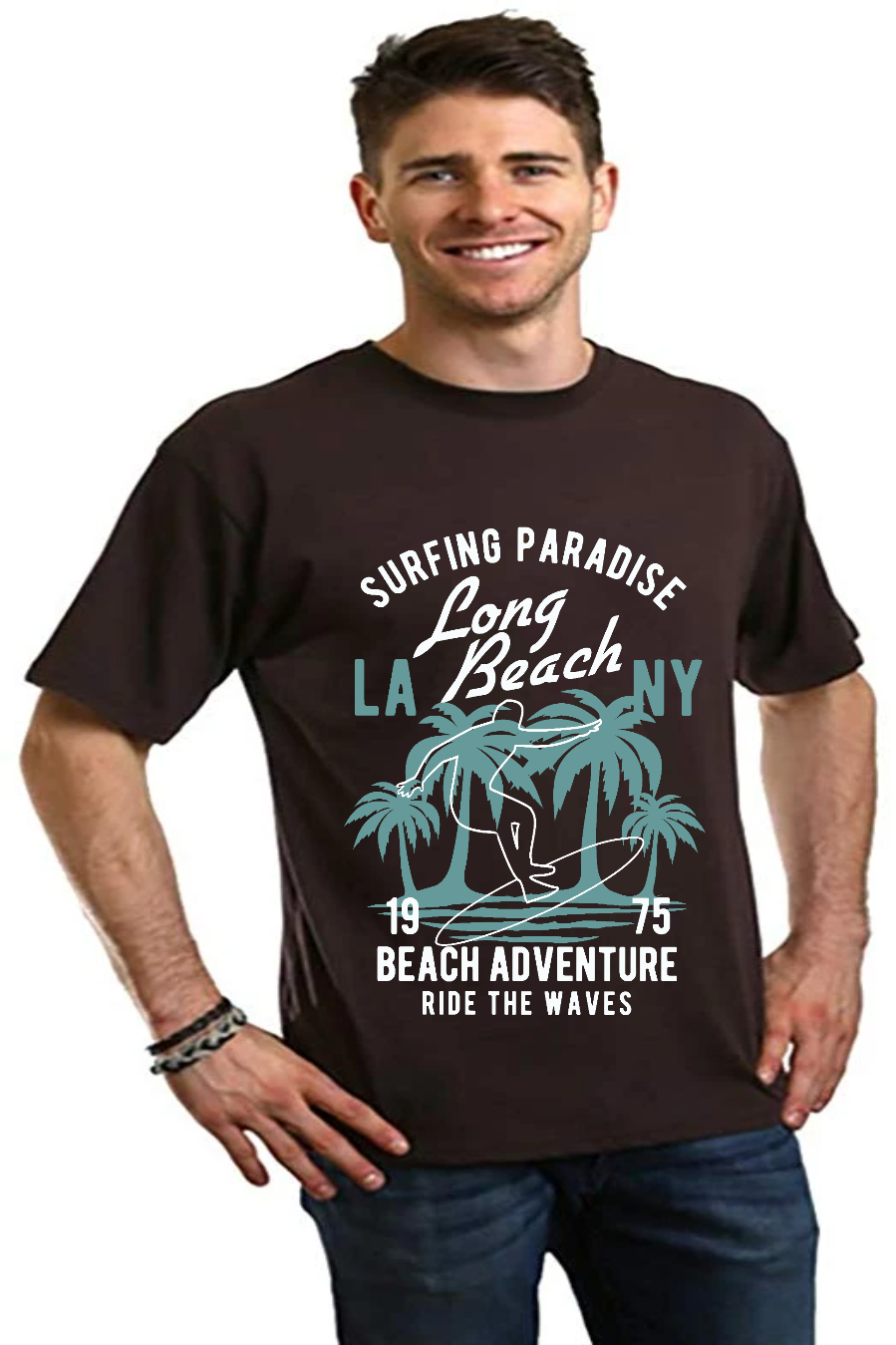 Camiseta gráfica de manga corta de viscosa de bambú y algodón orgánico para hombre Long Beach