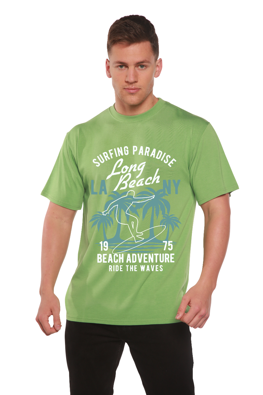 Camiseta gráfica de manga corta de viscosa de bambú y algodón orgánico para hombre Long Beach