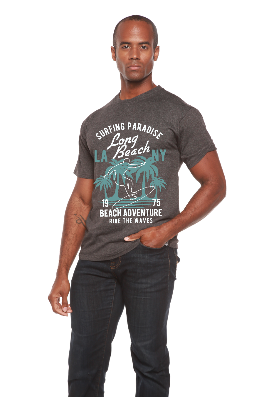 Camiseta gráfica de manga corta de viscosa de bambú y algodón orgánico para hombre Long Beach