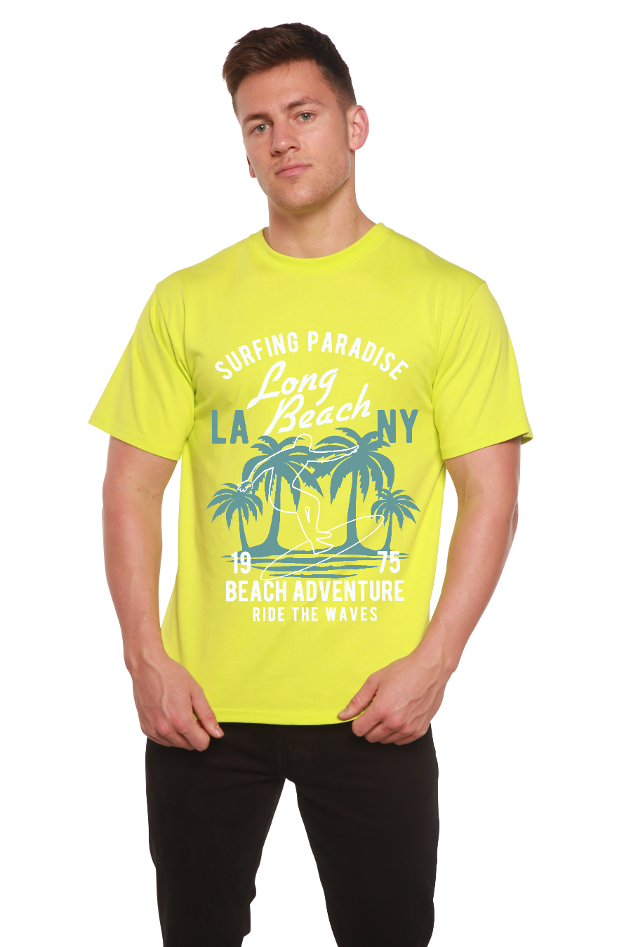 Camiseta gráfica de manga corta de viscosa de bambú y algodón orgánico para hombre Long Beach