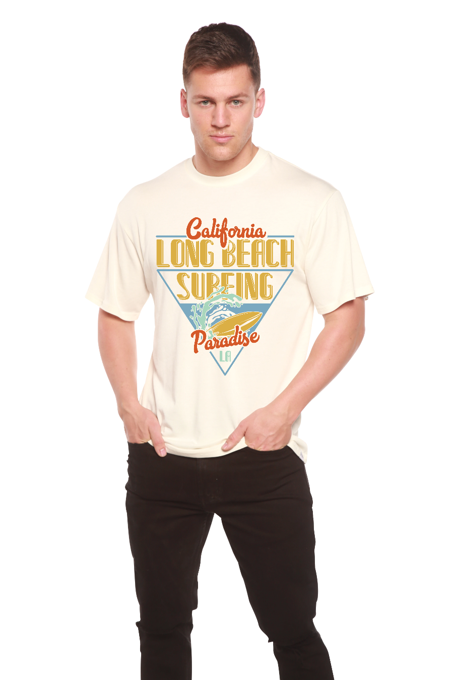 Camiseta gráfica de manga corta para hombre Long Beach Surfing de viscosa de bambú/algodón orgánico estampada