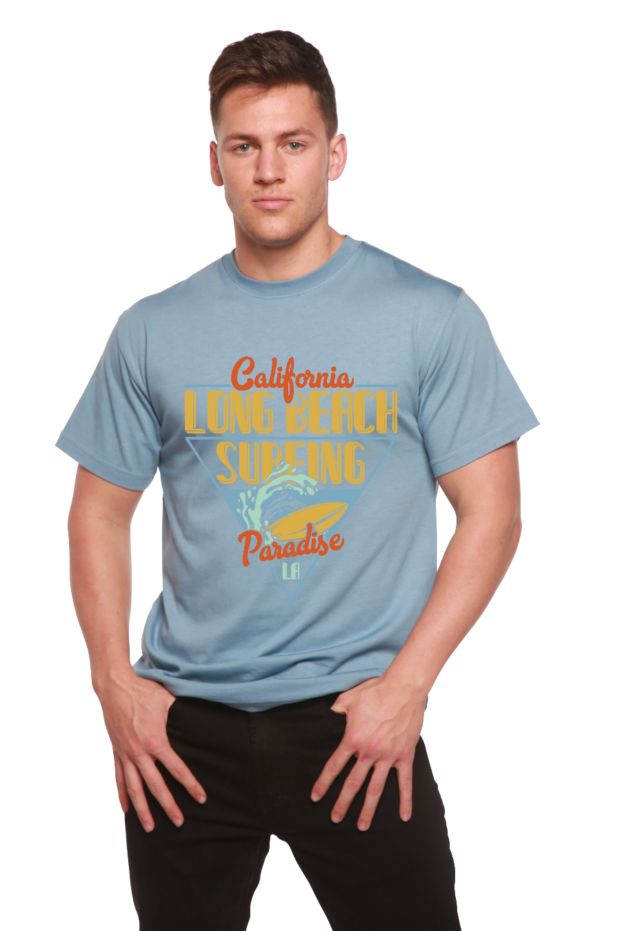 Camiseta gráfica de manga corta para hombre Long Beach Surfing de viscosa de bambú/algodón orgánico estampada