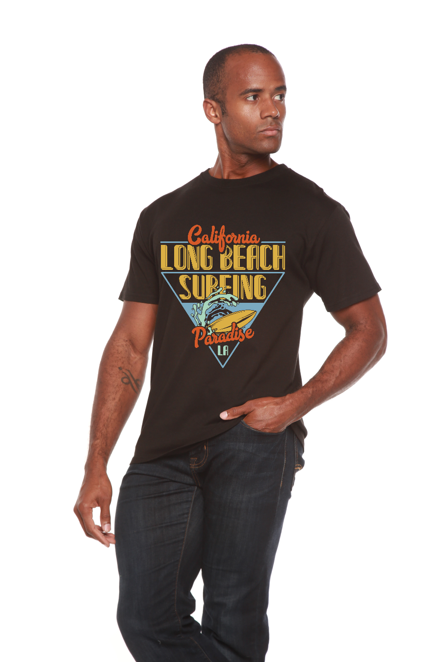 Camiseta gráfica de manga corta para hombre Long Beach Surfing de viscosa de bambú/algodón orgánico estampada