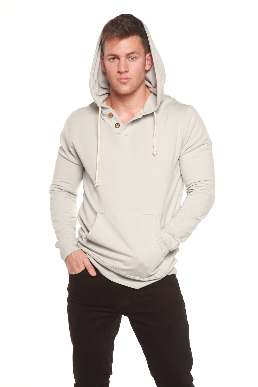 Sudadera con capucha de felpa de viscosa de bambú estilo Henley para hombre