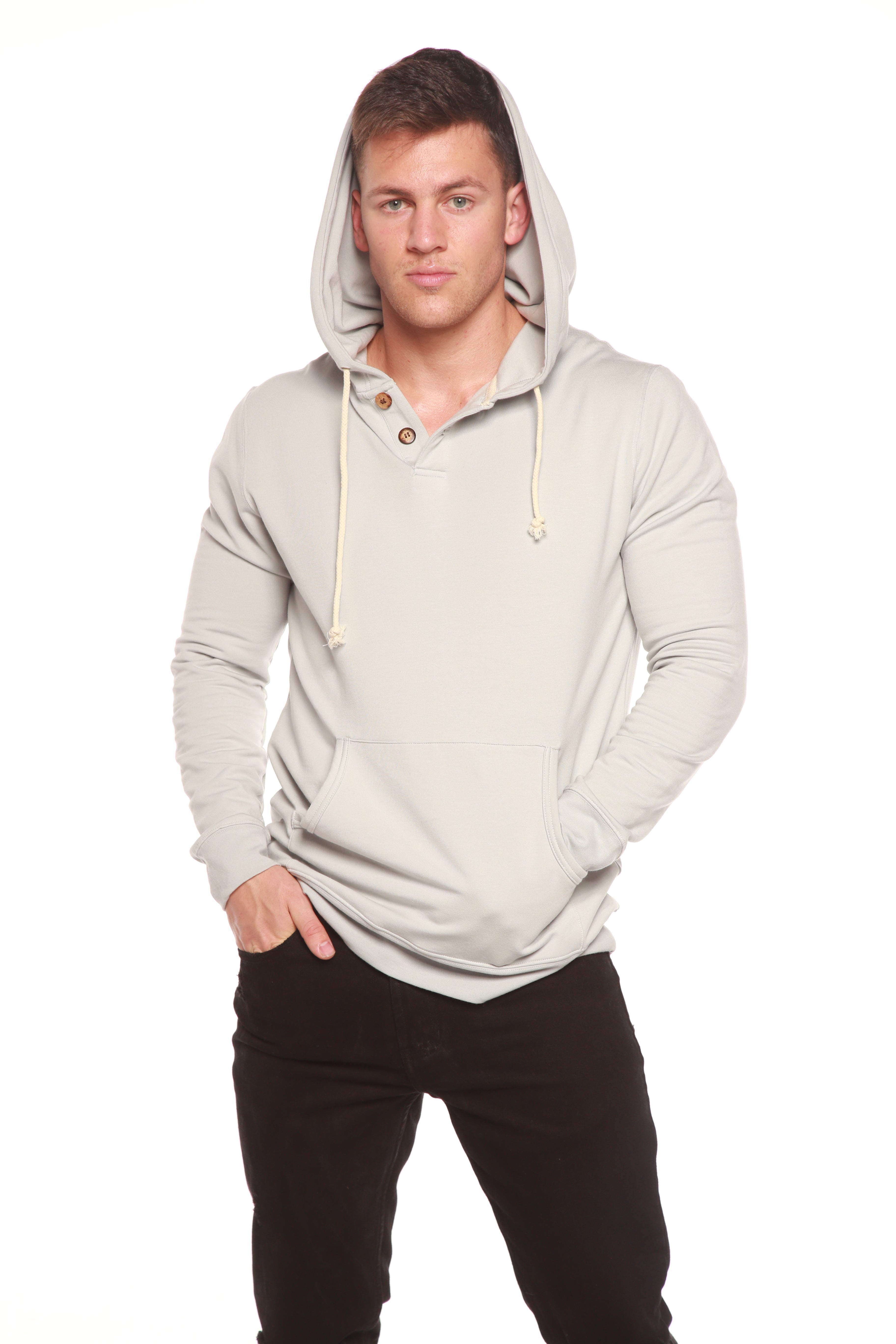 Sudadera con capucha de felpa de viscosa de bambú estilo Henley para hombre