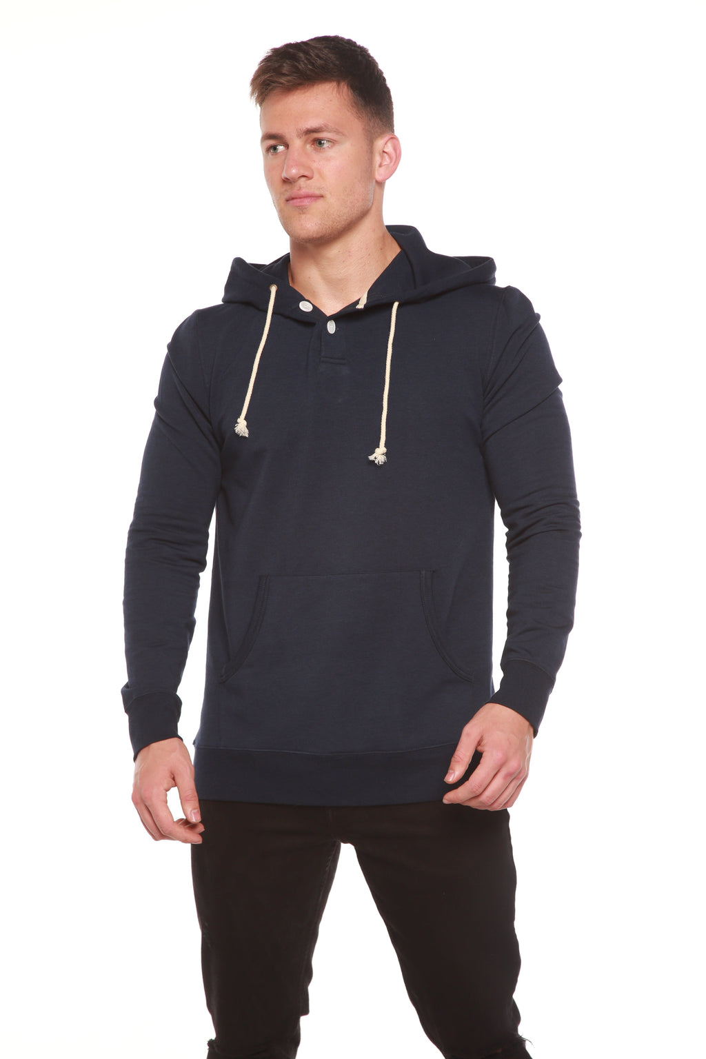 Sudadera con capucha de felpa de viscosa de bambú estilo Henley para hombre